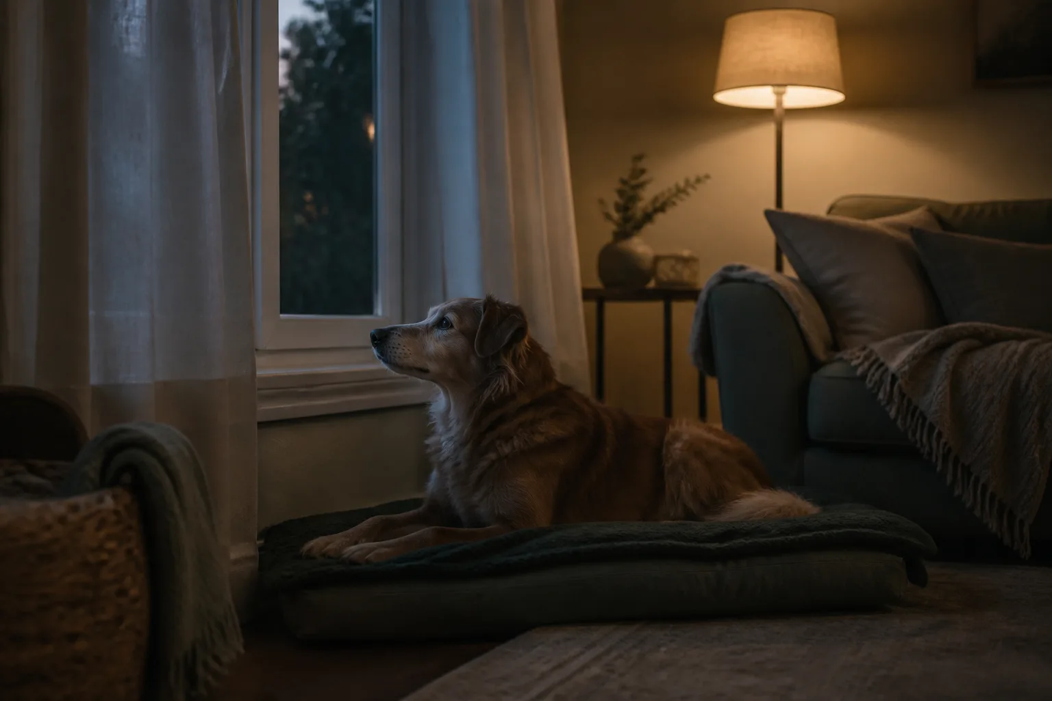 A calm dog resting in a quiet European living room at dusk