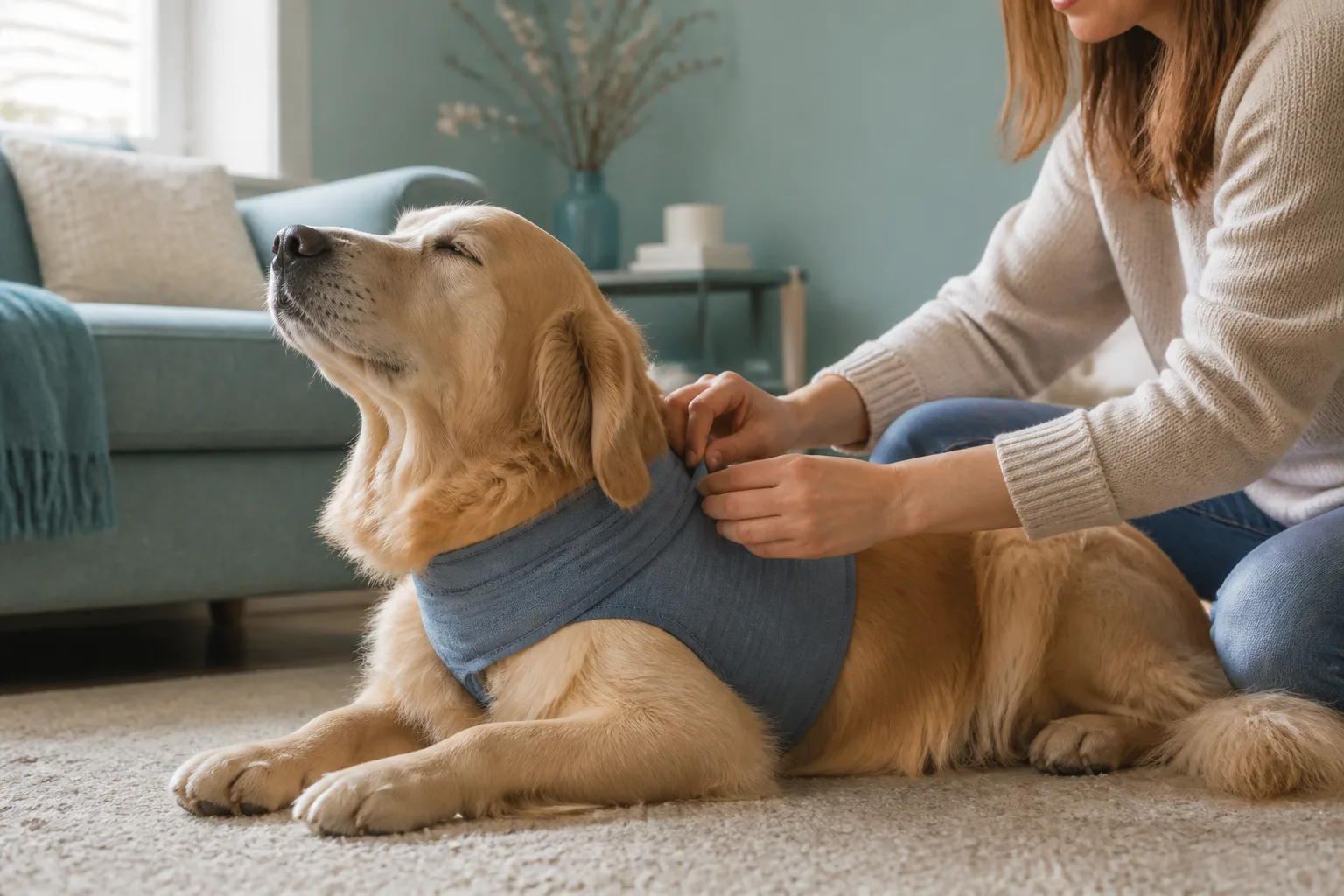 Gently fitting a calming wrap on a relaxed dog at home